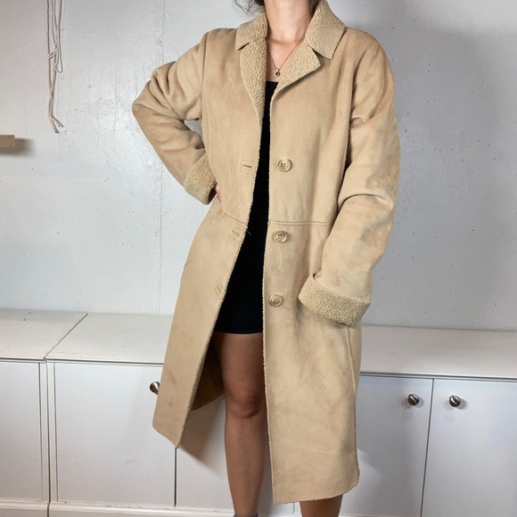 Old Navy Neutral Tan Penny Lane Faux Fur Lined Duster Full Length Coat - Picture 2 of 15